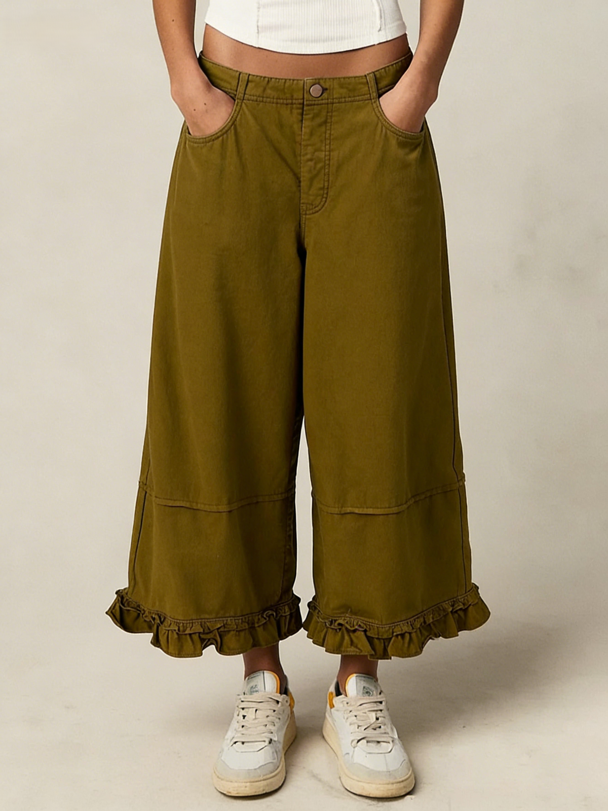 Ruffle Hem Cropped Wide Leg Boho Jeans - Olive - 2