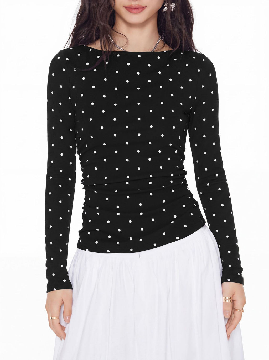 Polka Dot Tie Back Fitted Blouse - Black - 1