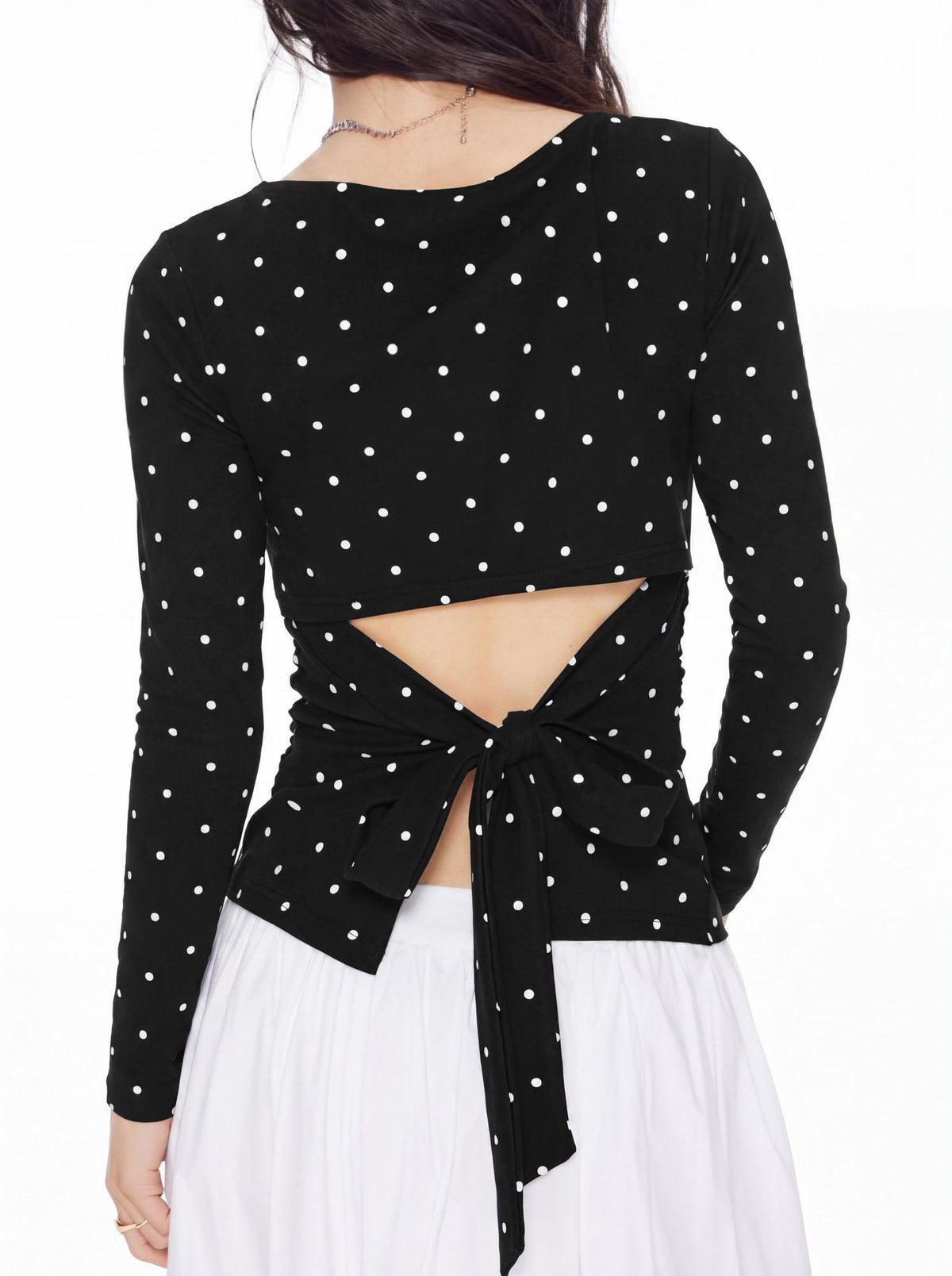 Polka Dot Tie Back Fitted Blouse - Black - 2