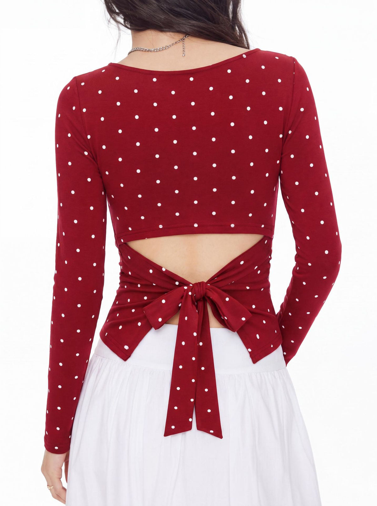 Polka Dot Tie Back Fitted Blouse - Red