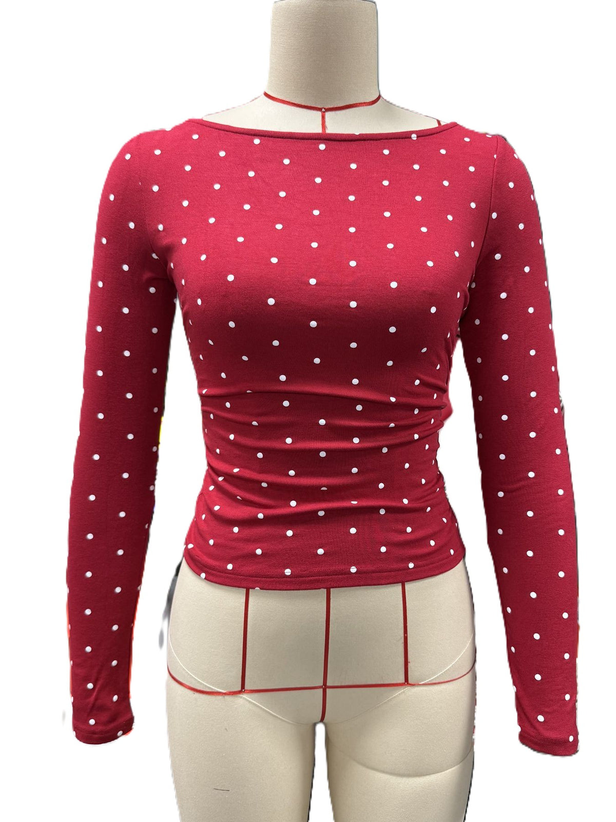 Polka Dot Tie Back Fitted Blouse - Red - 1