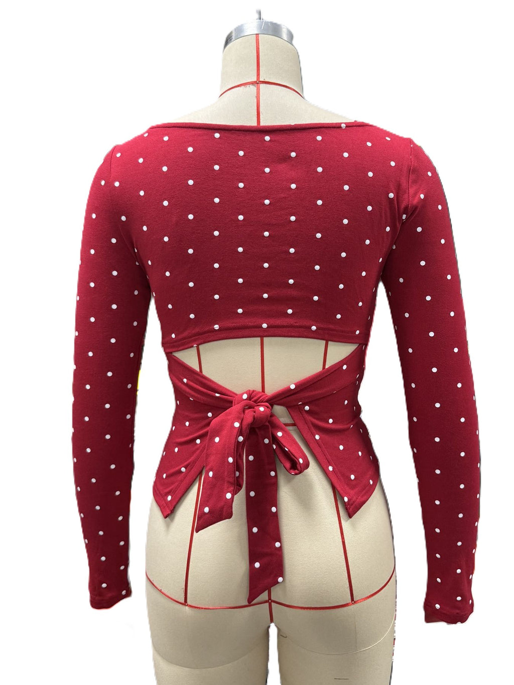 Polka Dot Tie Back Fitted Blouse - Red - 2