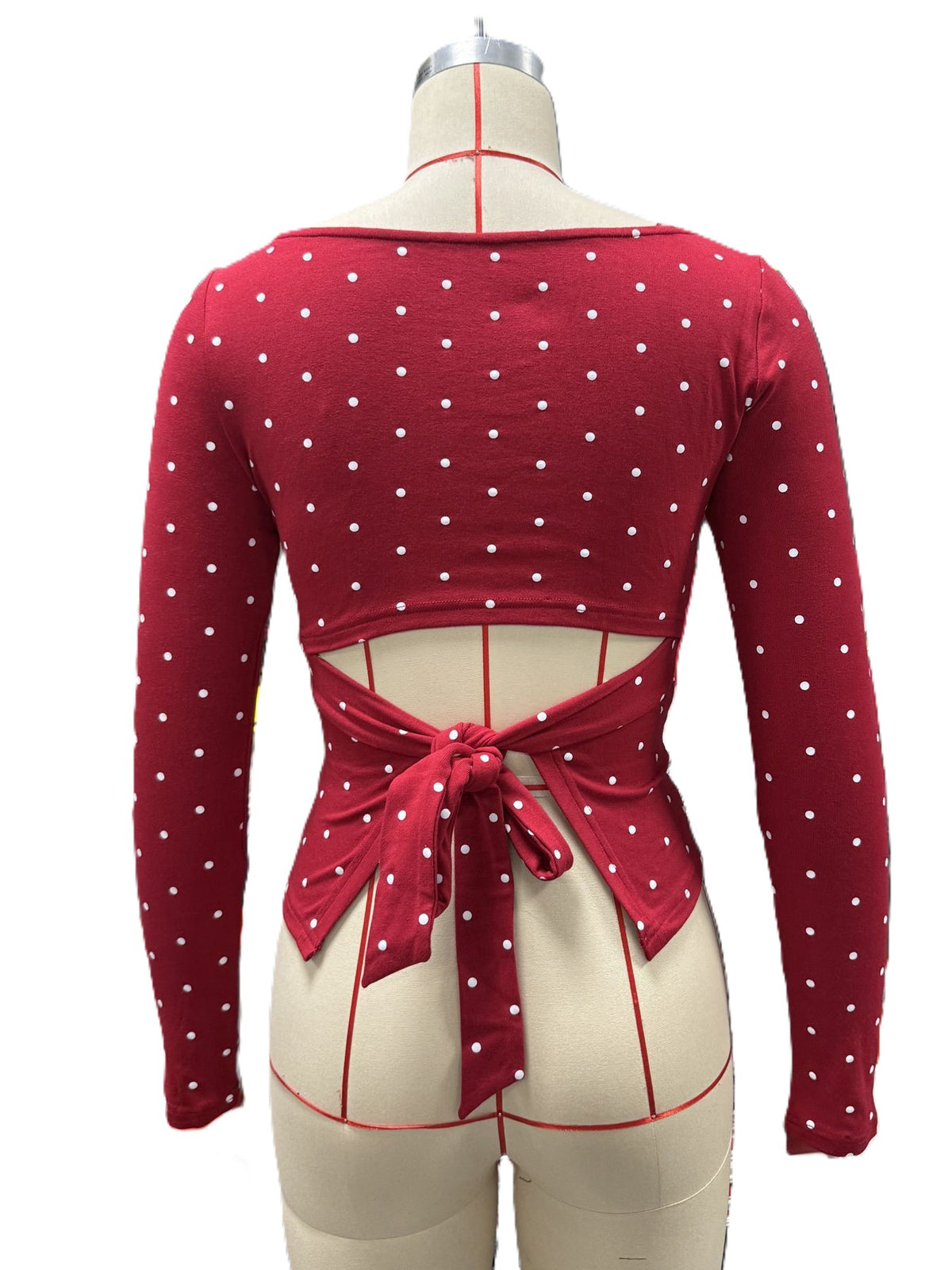 Polka Dot Tie Back Fitted Blouse - Red - 2