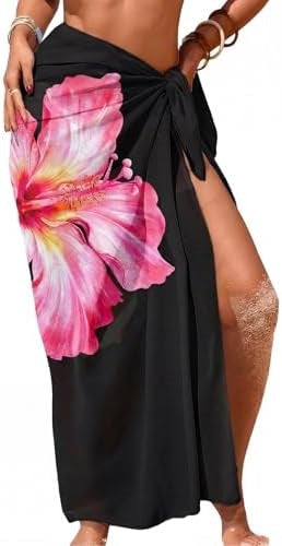 Side-Tie Sheer Sarong Beach Cover-Up - Black Hibiscus