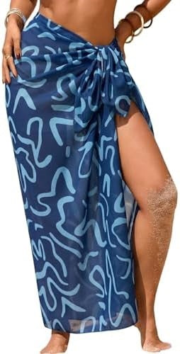 Side-Tie Sheer Sarong Beach Cover-Up - Navy Wave