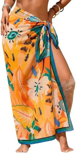 Side-Tie Sheer Sarong Beach Cover-Up - Orange Tropical