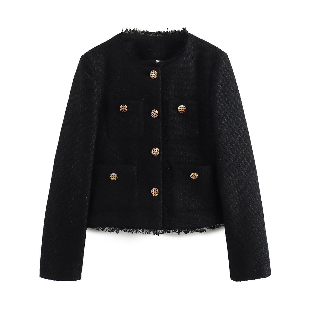 Collarless Cropped Tweed Jacket With Pockets - Black