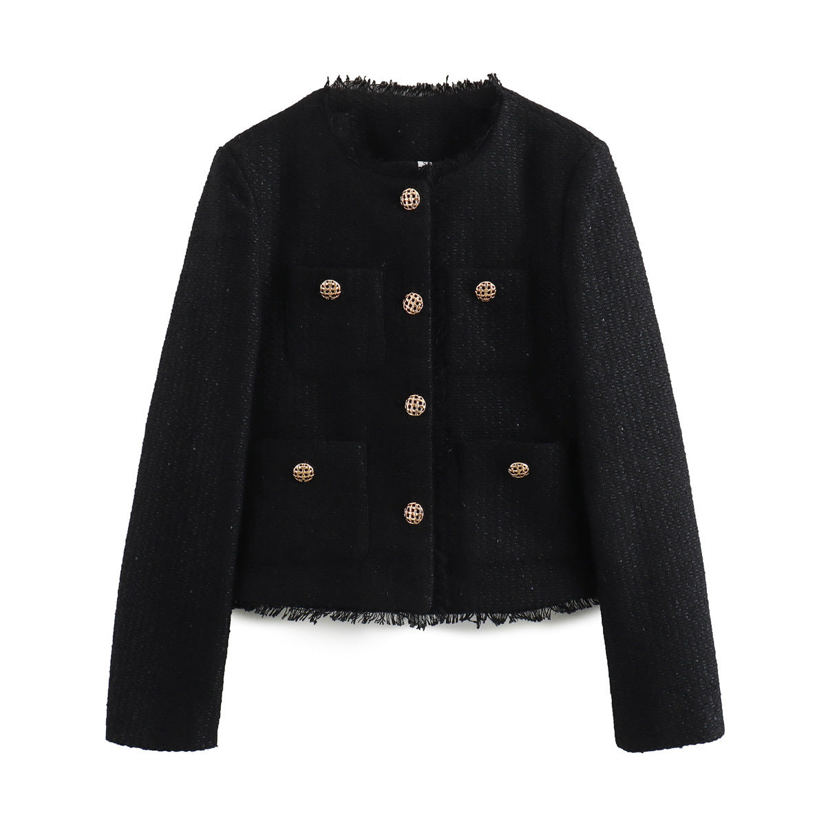 Collarless Cropped Tweed Jacket With Pockets - Black