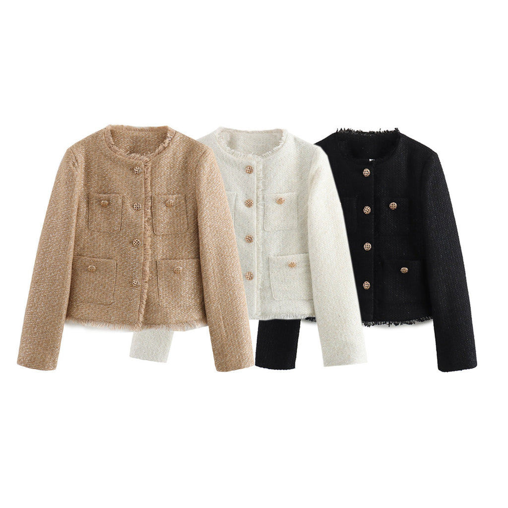 Collarless Cropped Tweed Jacket With Pockets - Black - 1