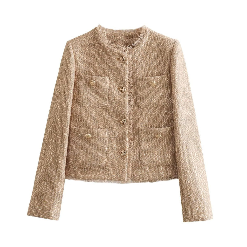 Collarless Cropped Tweed Jacket With Pockets - Gold