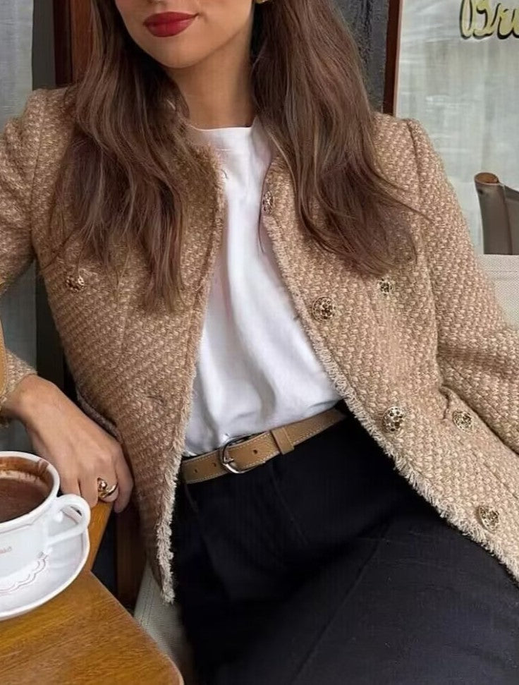 Collarless Cropped Tweed Jacket With Pockets - Gold - 1