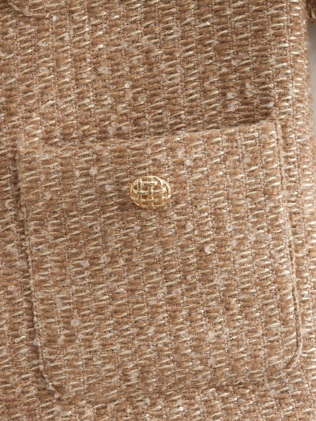 Collarless Cropped Tweed Jacket With Pockets - Gold - 11