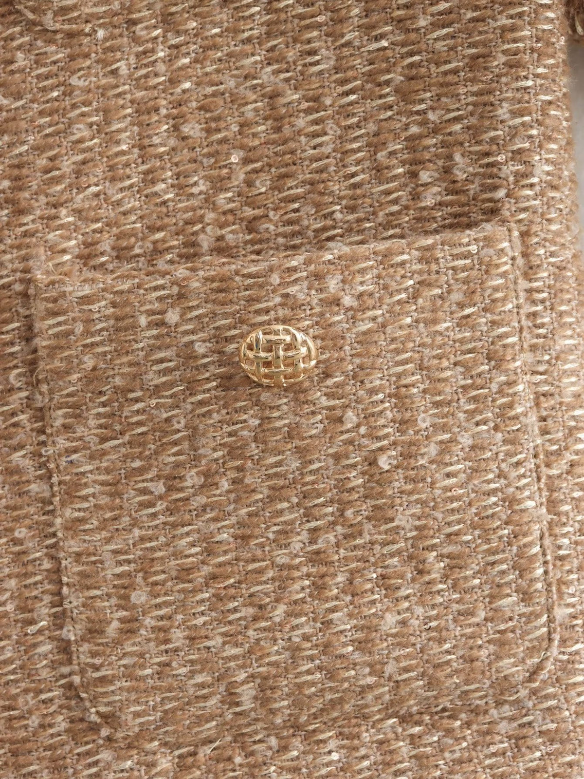 Collarless Cropped Tweed Jacket With Pockets - Gold - 11