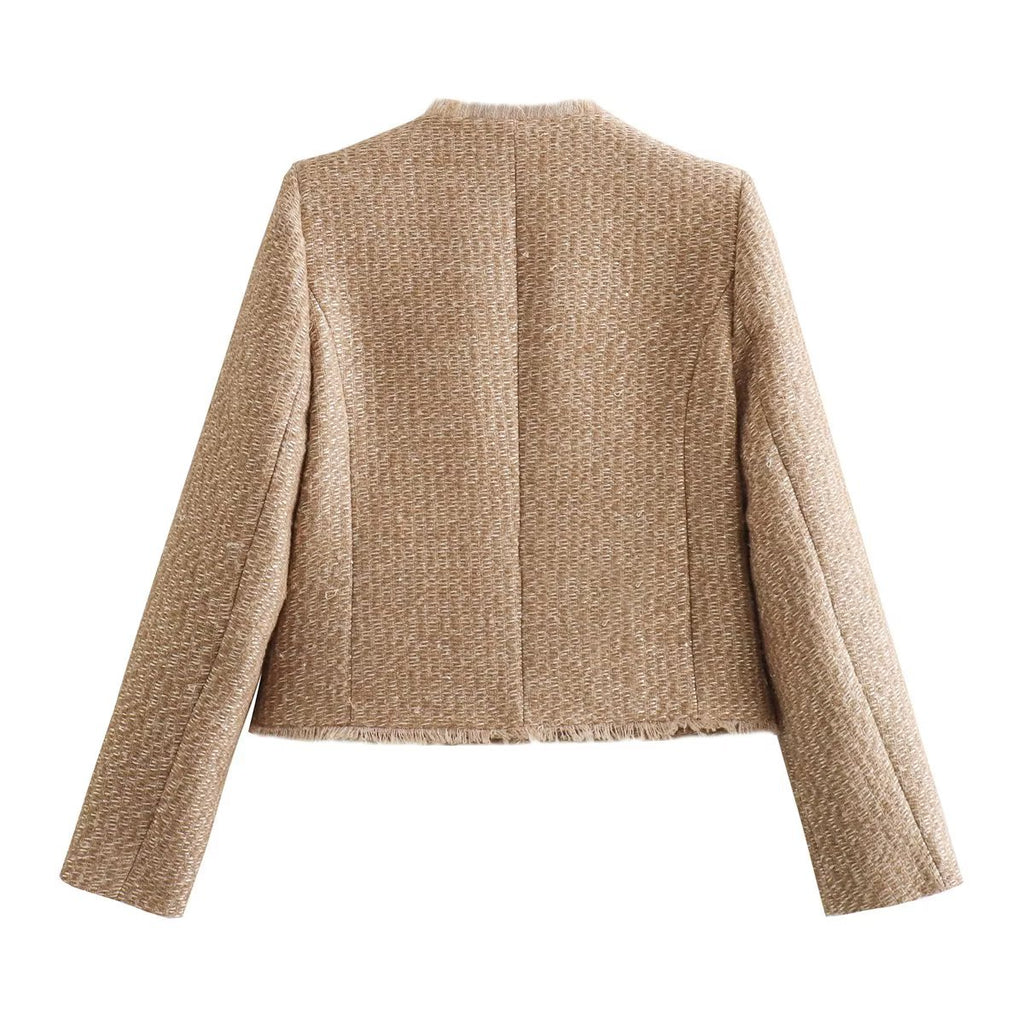 Collarless Cropped Tweed Jacket With Pockets - Gold - 2