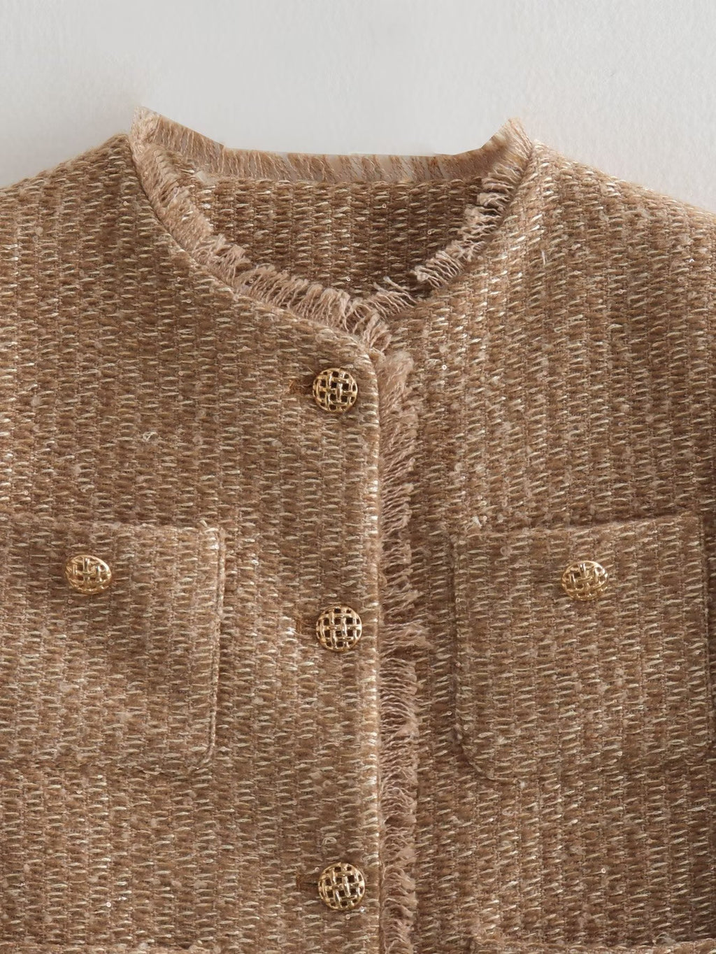 Collarless Cropped Tweed Jacket With Pockets - Gold - 3