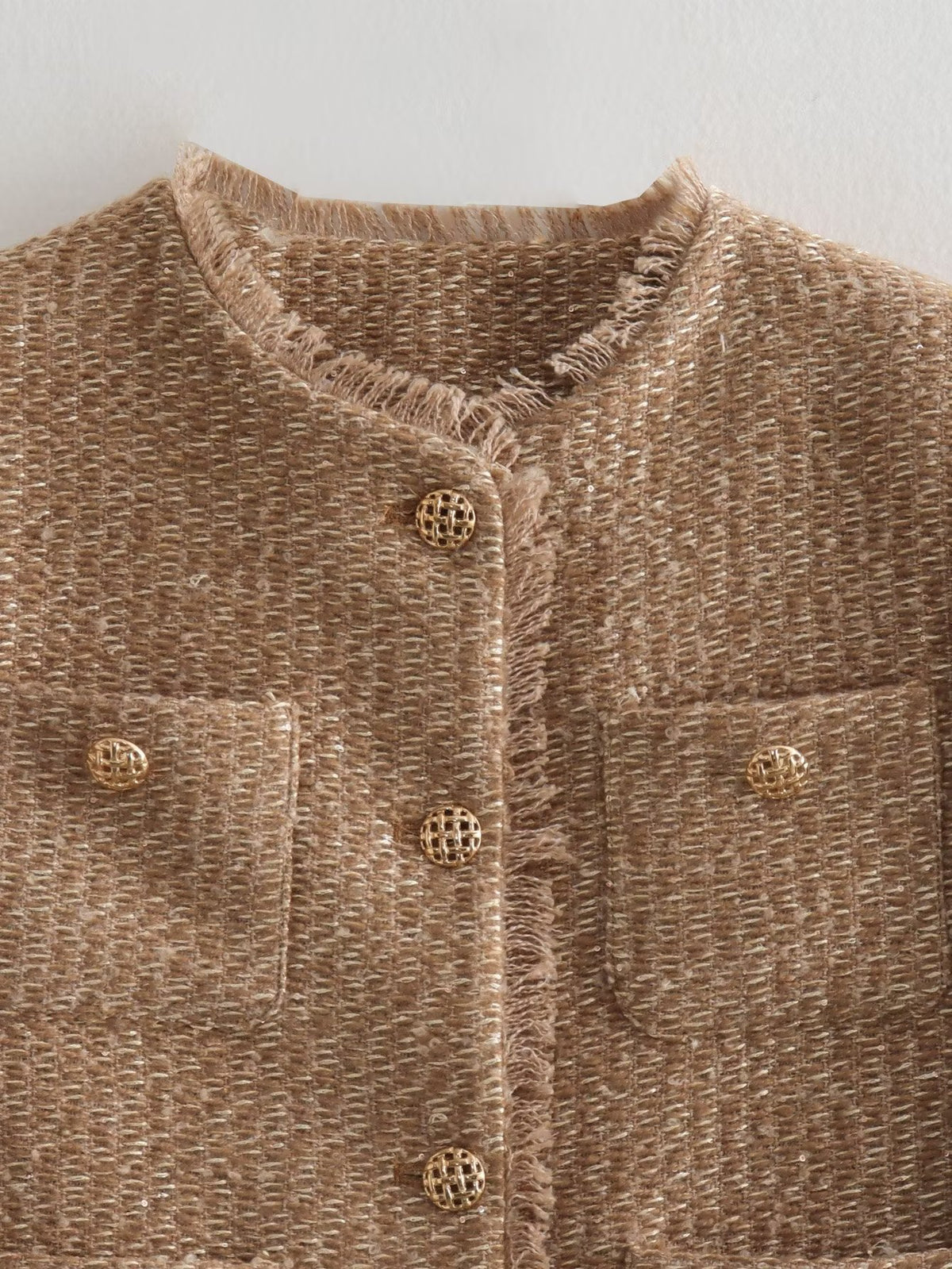 Collarless Cropped Tweed Jacket With Pockets - Gold - 3