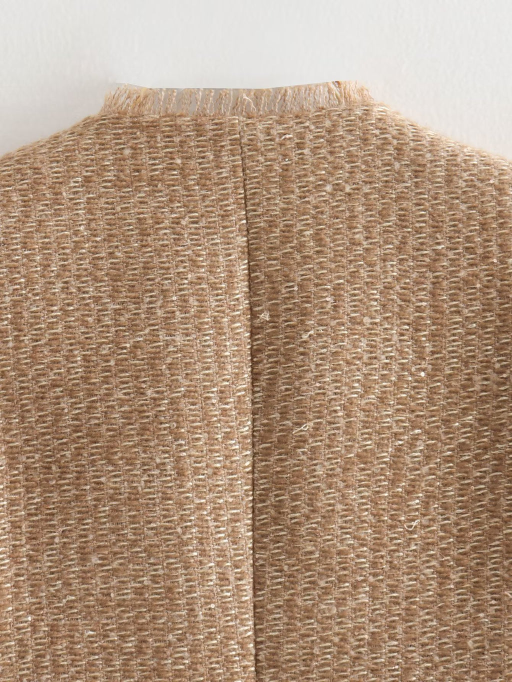 Collarless Cropped Tweed Jacket With Pockets - Gold - 4