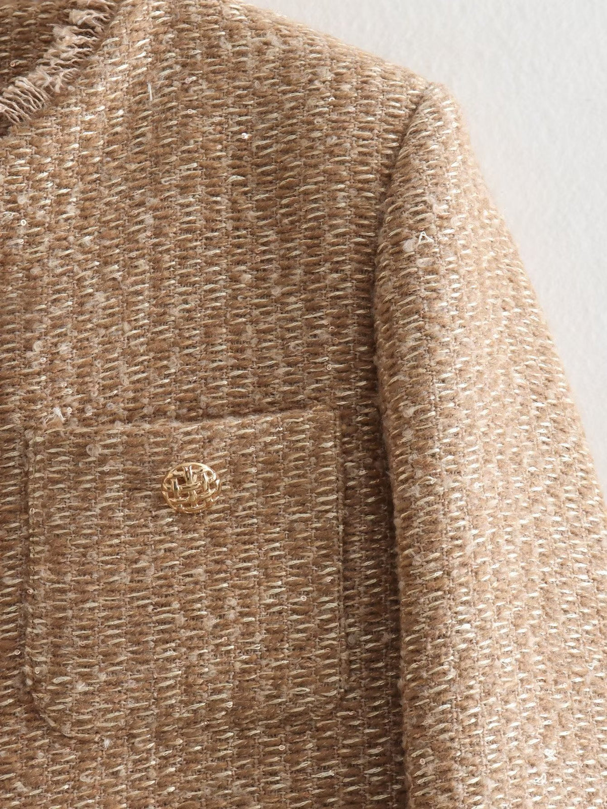 Collarless Cropped Tweed Jacket With Pockets - Gold - 5