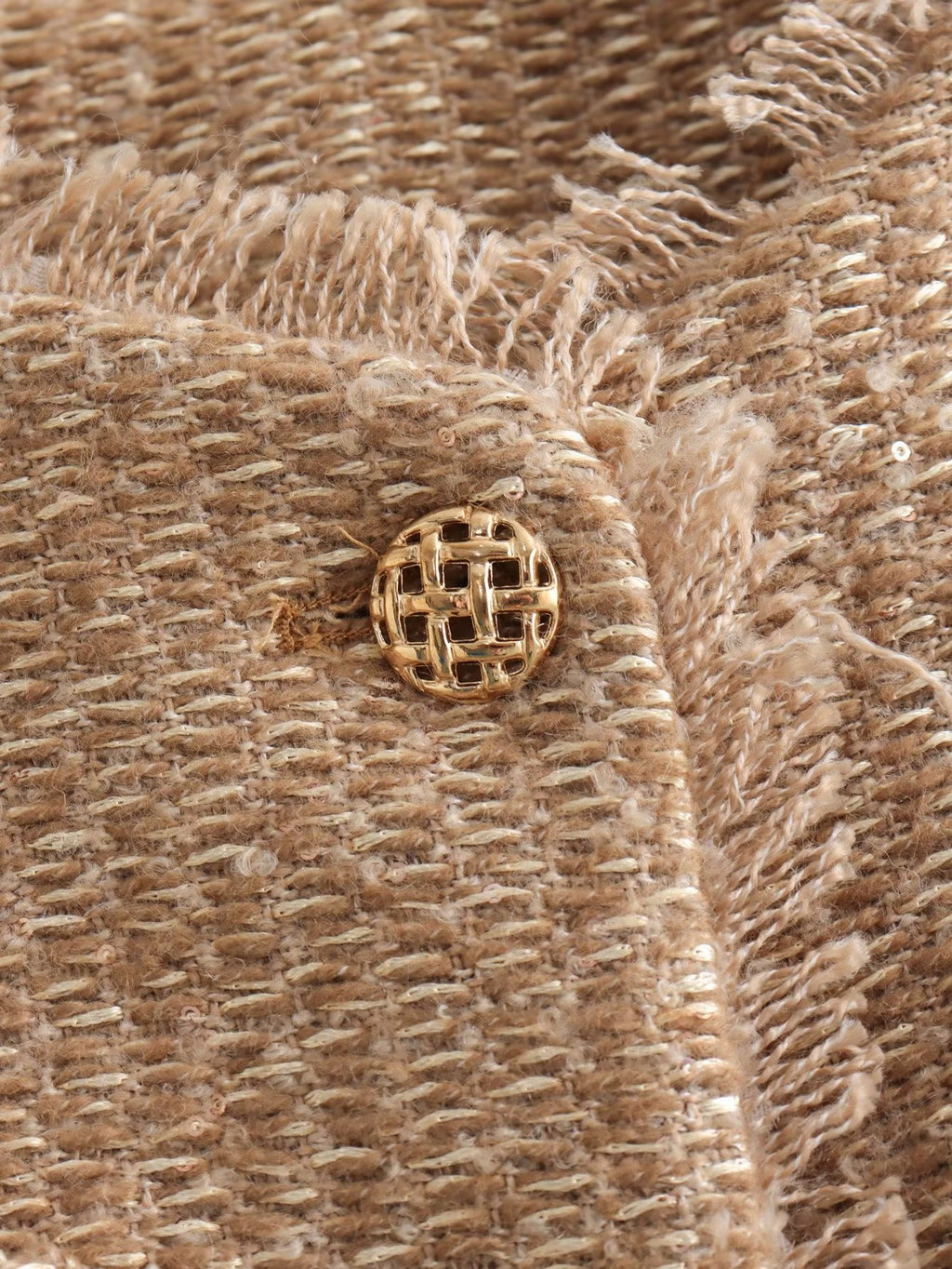 Collarless Cropped Tweed Jacket With Pockets - Gold - 7