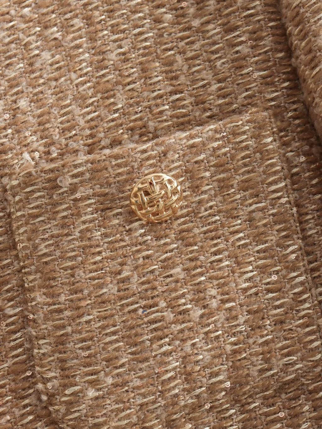 Collarless Cropped Tweed Jacket With Pockets - Gold - 8