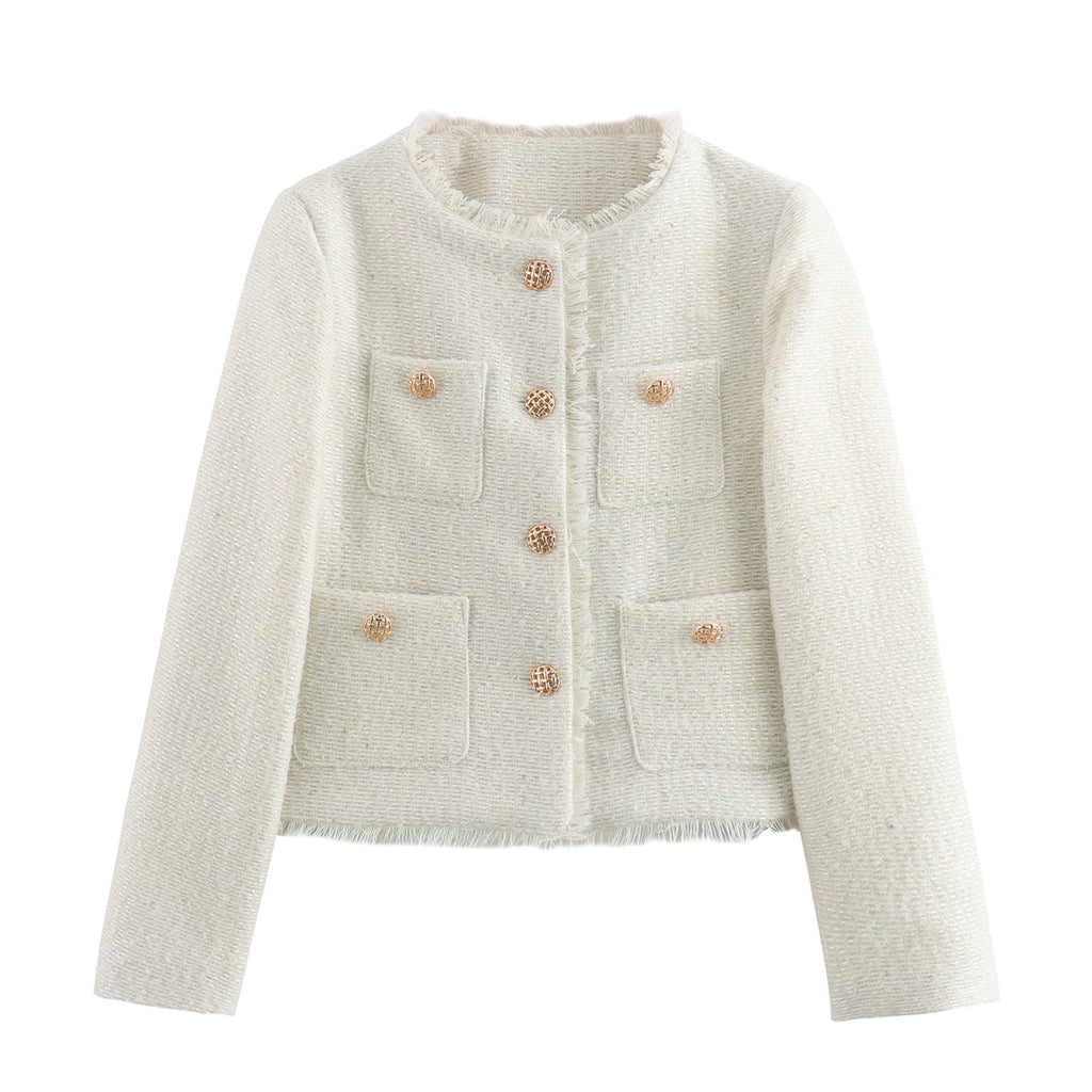 Collarless Cropped Tweed Jacket With Pockets - White