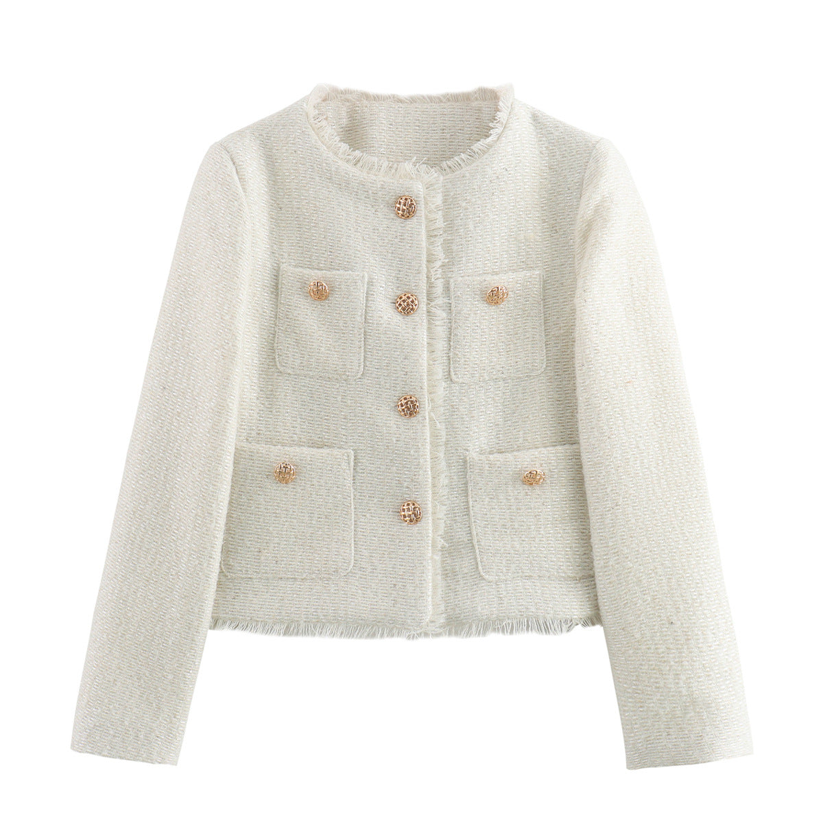 Collarless Cropped Tweed Jacket With Pockets - White