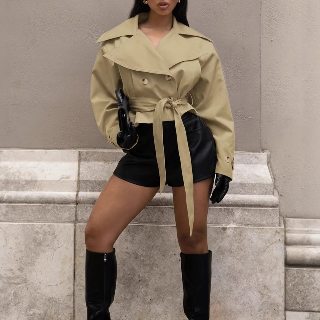 Wide Lapel Double Breasted Belted Cropped Trench Jacket