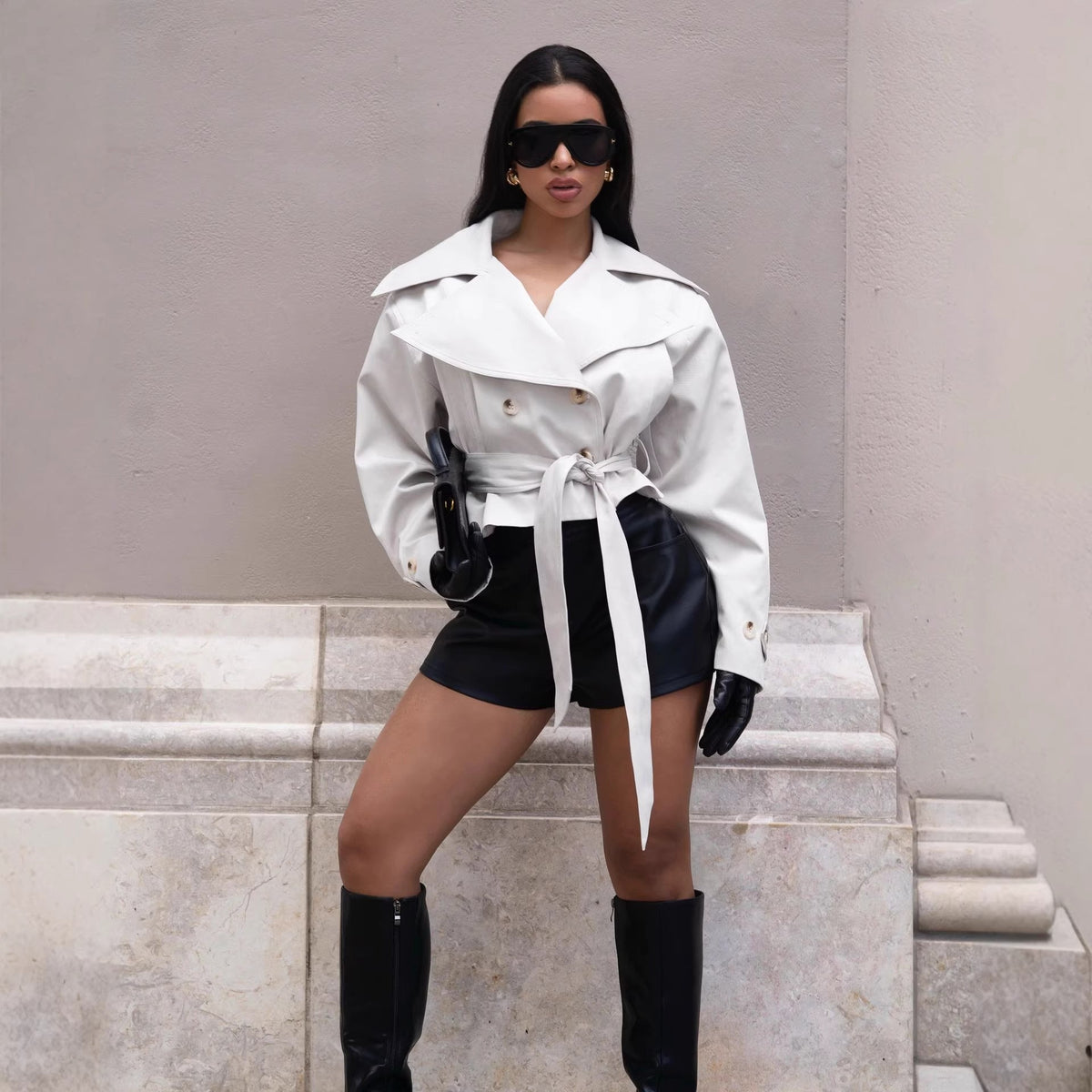 Wide Lapel Double Breasted Belted Cropped Trench Jacket