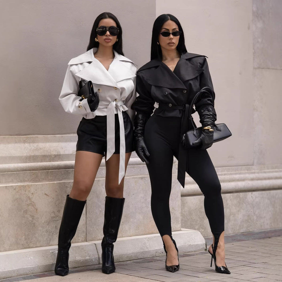 Wide Lapel Double Breasted Belted Cropped Trench Jacket