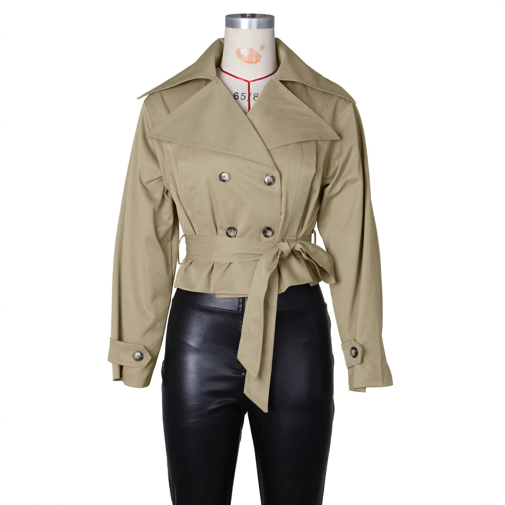 Wide Lapel Double Breasted Belted Cropped Trench Jacket