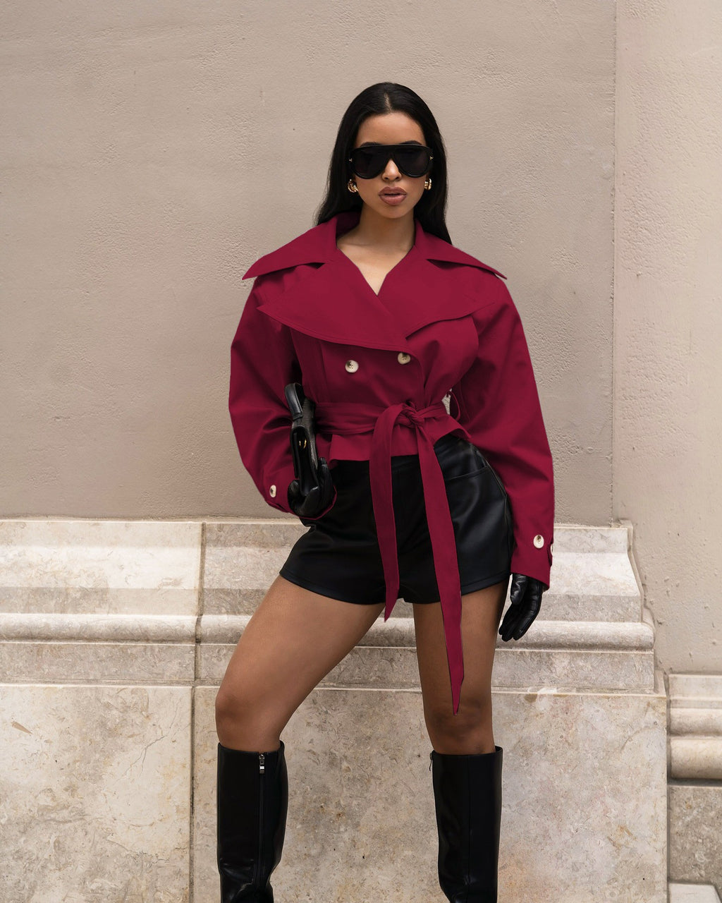 Wide Lapel Double Breasted Belted Cropped Trench Jacket