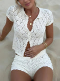 Button Front Pointelle Crochet Cover Up Set - White