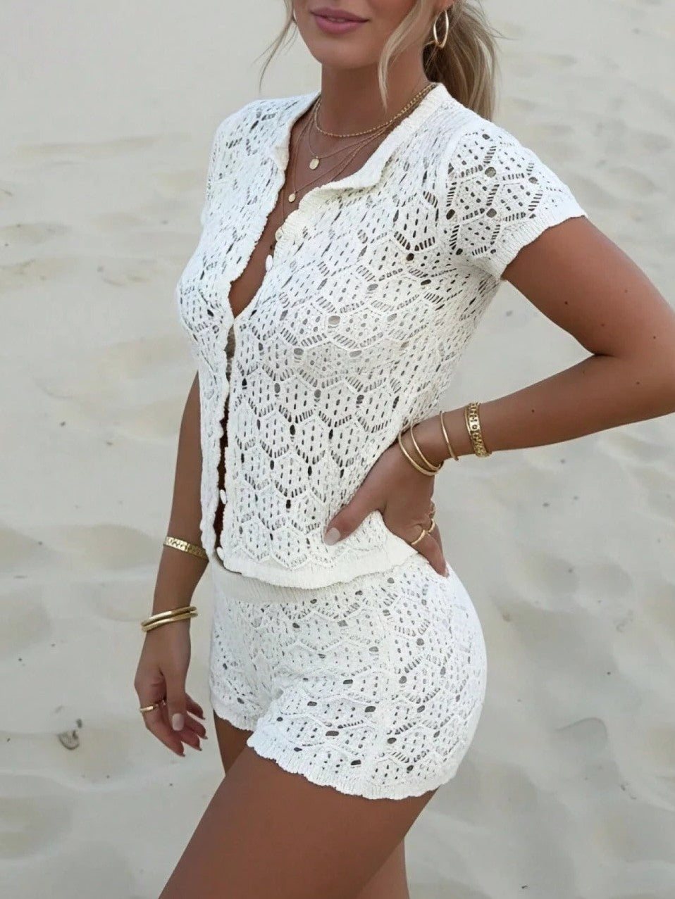 Button Front Pointelle Crochet Cover Up Set - White - 1