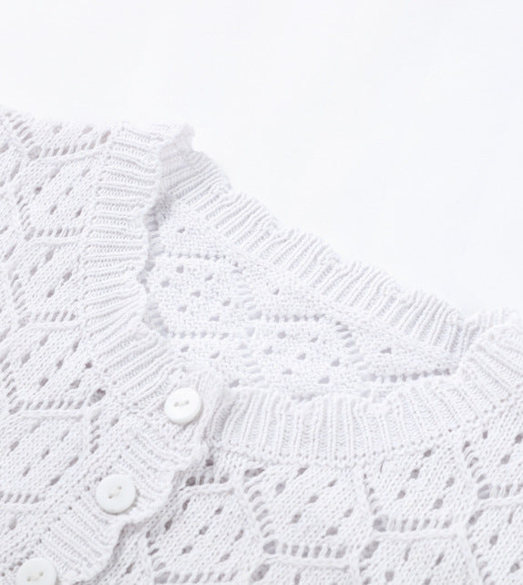Button Front Pointelle Crochet Cover Up Set - White - 10