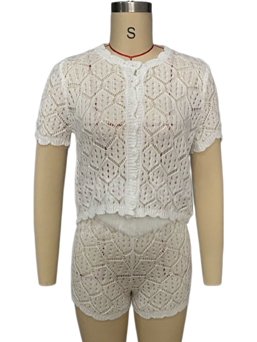 Button Front Pointelle Crochet Cover Up Set - White - 2