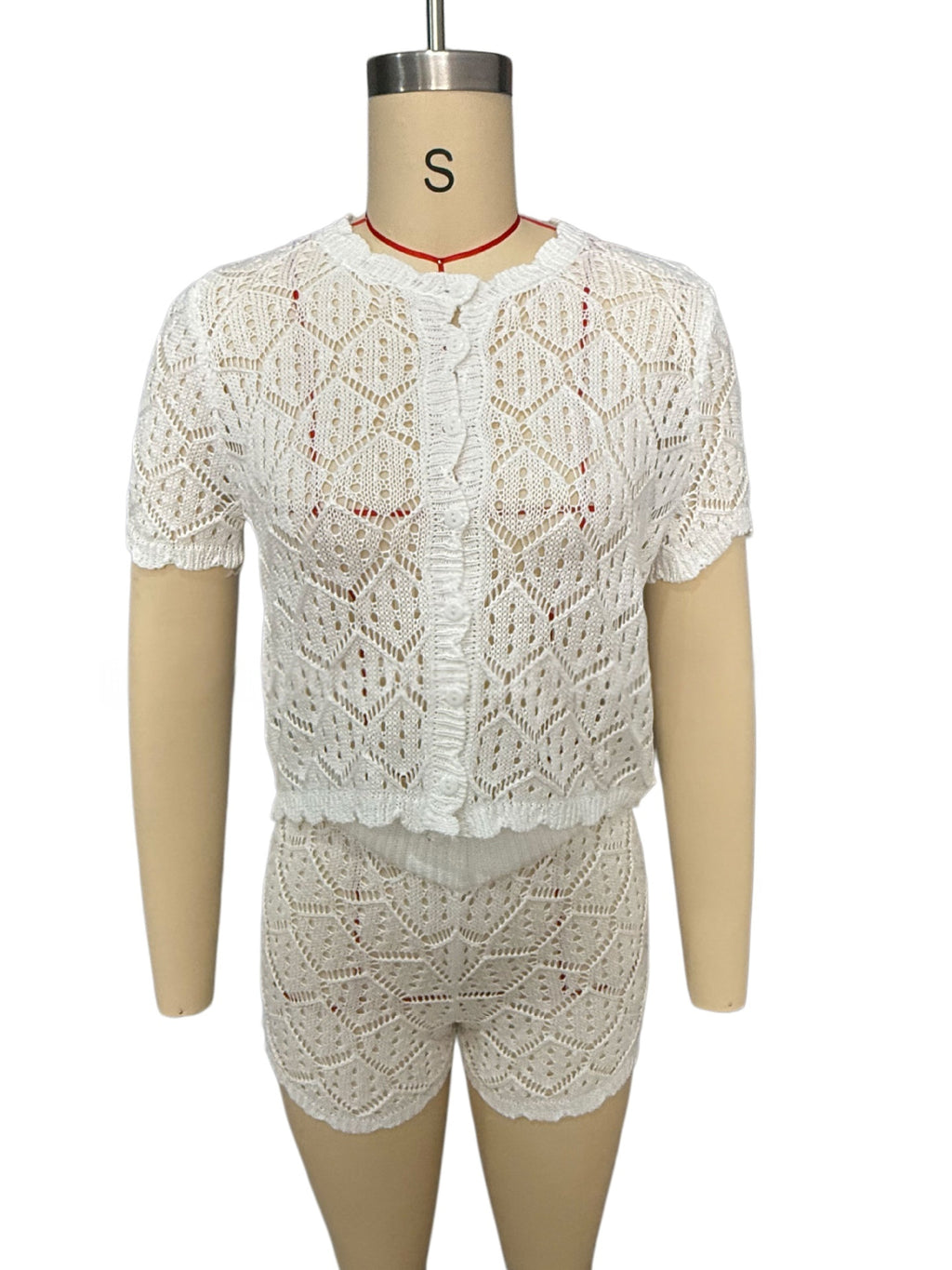 Button Front Pointelle Crochet Cover Up Set - White - 3