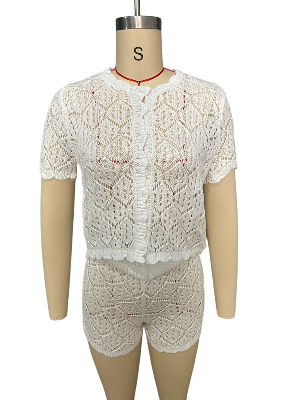 Button Front Pointelle Crochet Cover Up Set - White - 3