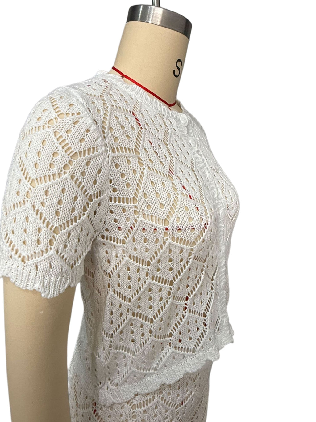 Button Front Pointelle Crochet Cover Up Set - White - 4