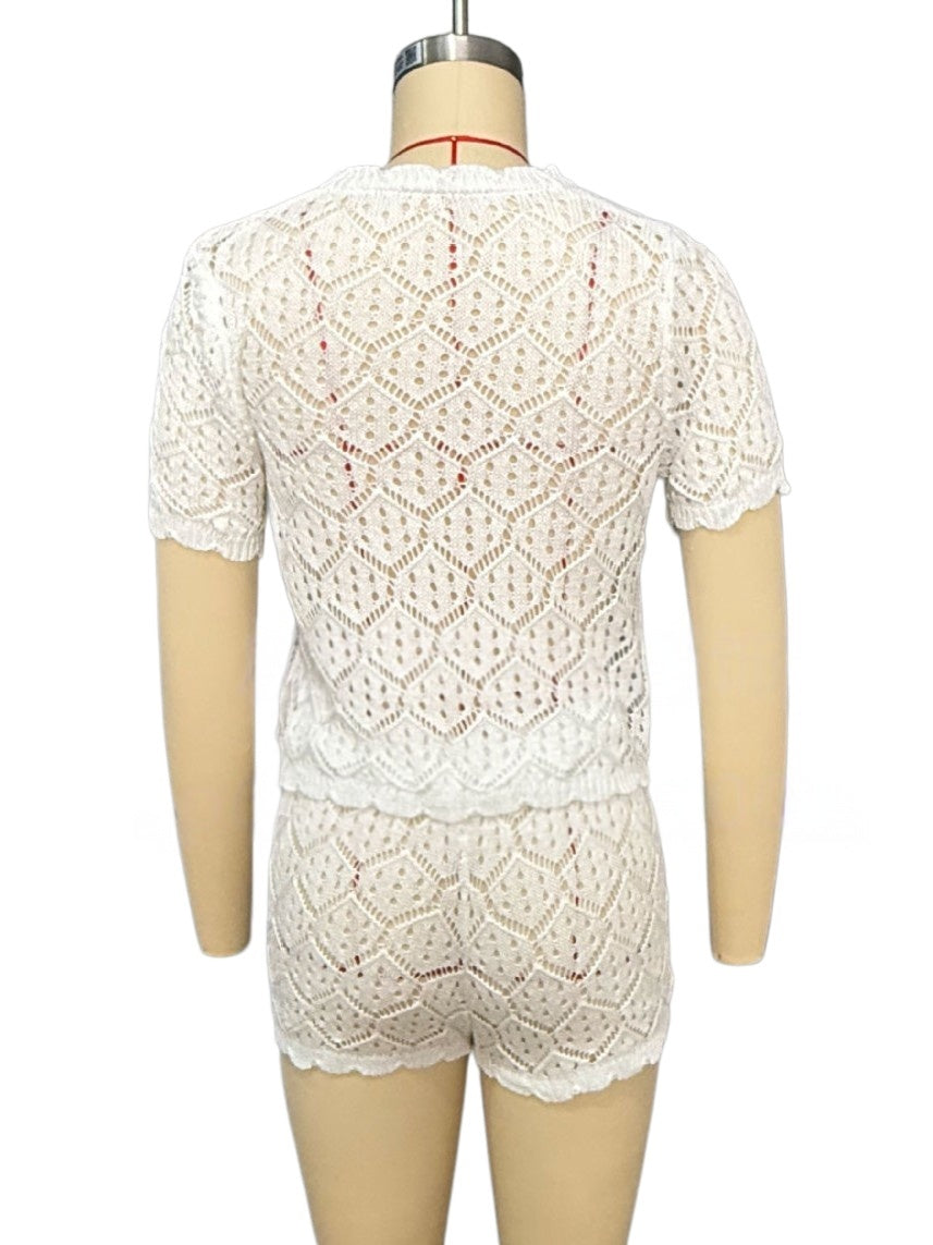 Button Front Pointelle Crochet Cover Up Set - White - 5
