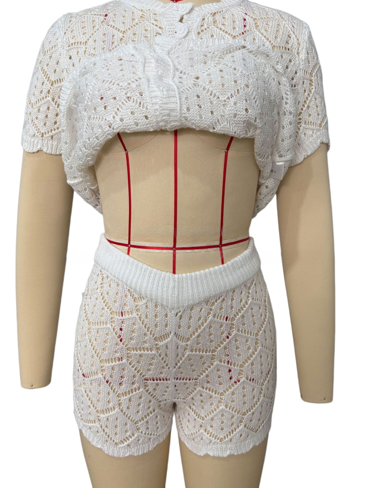 Button Front Pointelle Crochet Cover Up Set - White - 6