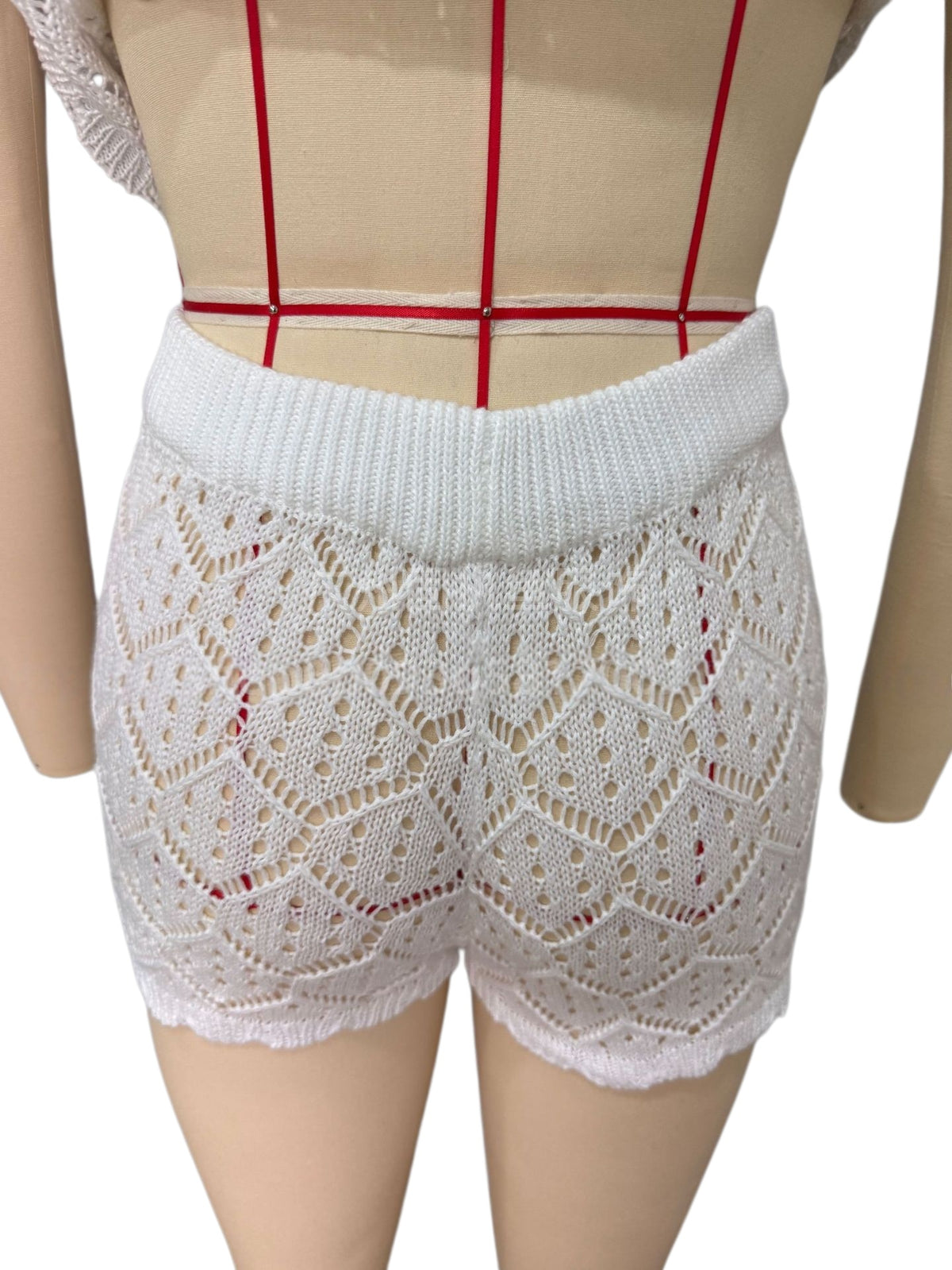 Button Front Pointelle Crochet Cover Up Set - White - 7