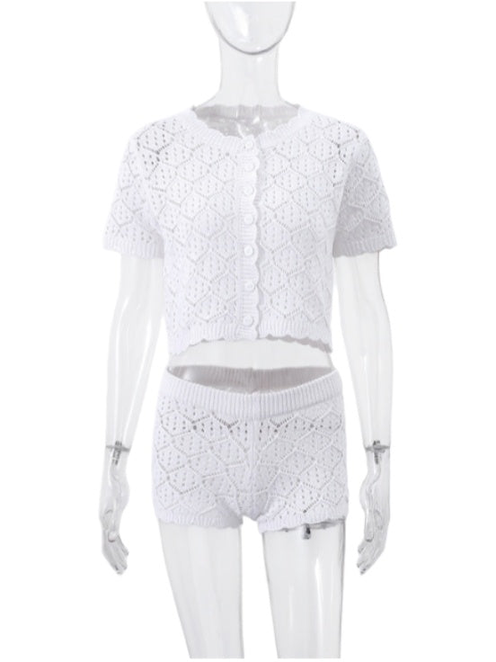 Button Front Pointelle Crochet Cover Up Set - White - 8