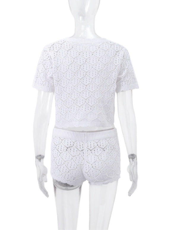 Button Front Pointelle Crochet Cover Up Set - White - 9