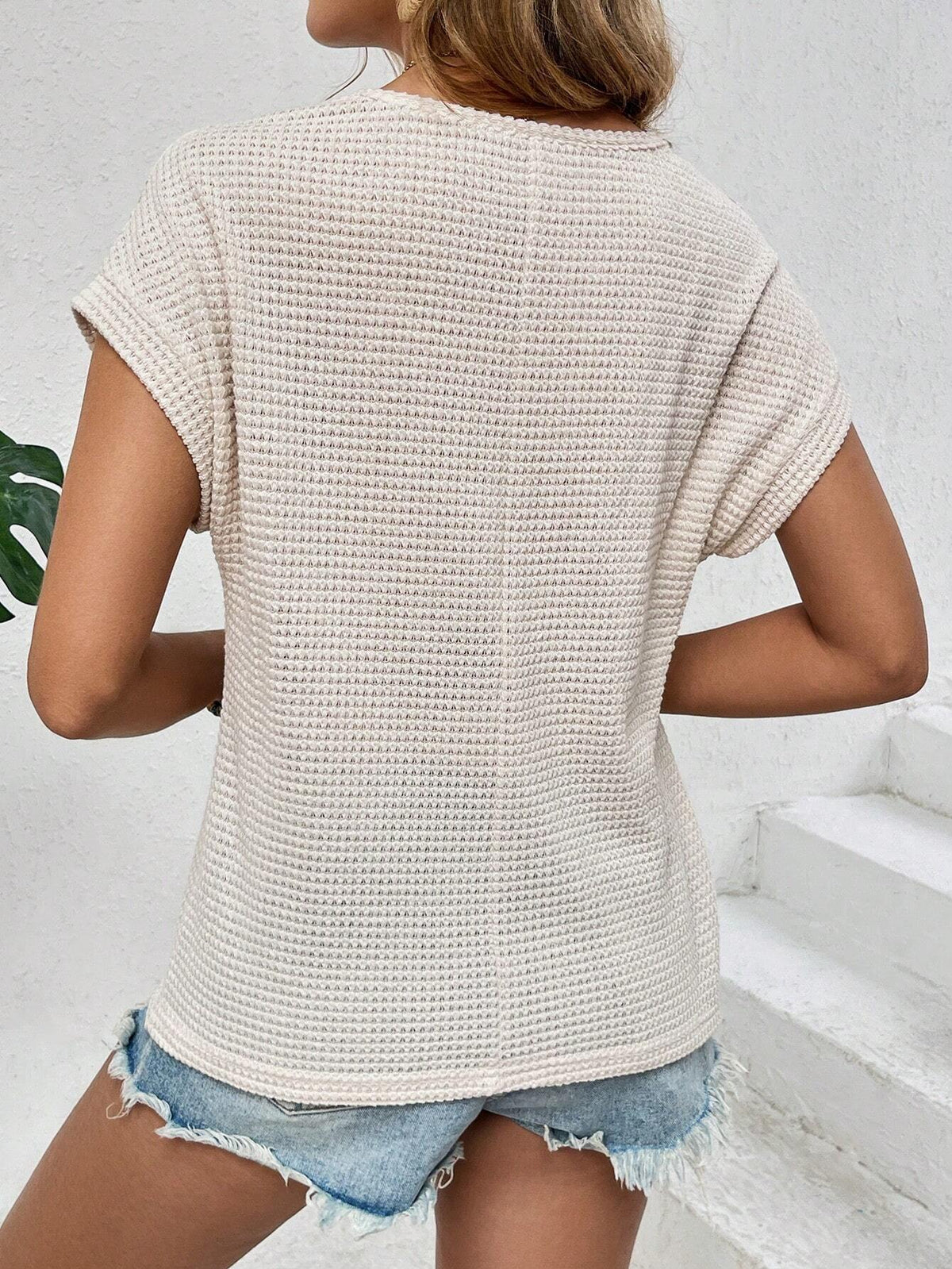 Crochet Yoke Waffle Knit Short Sleeve Top - Off white - 2