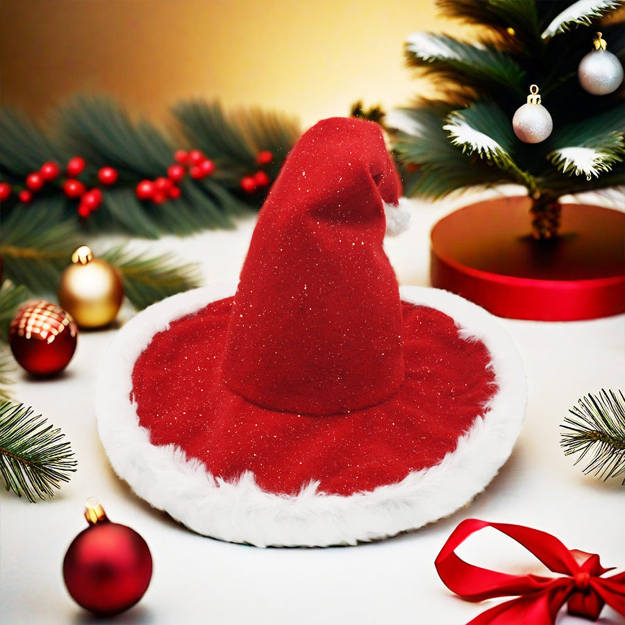 Sparkling Christmas Witch Hat With Plush Brim - Red - 4