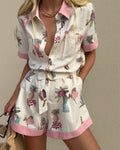 Botanical Print Contrast Trim Linen Romper - Decor