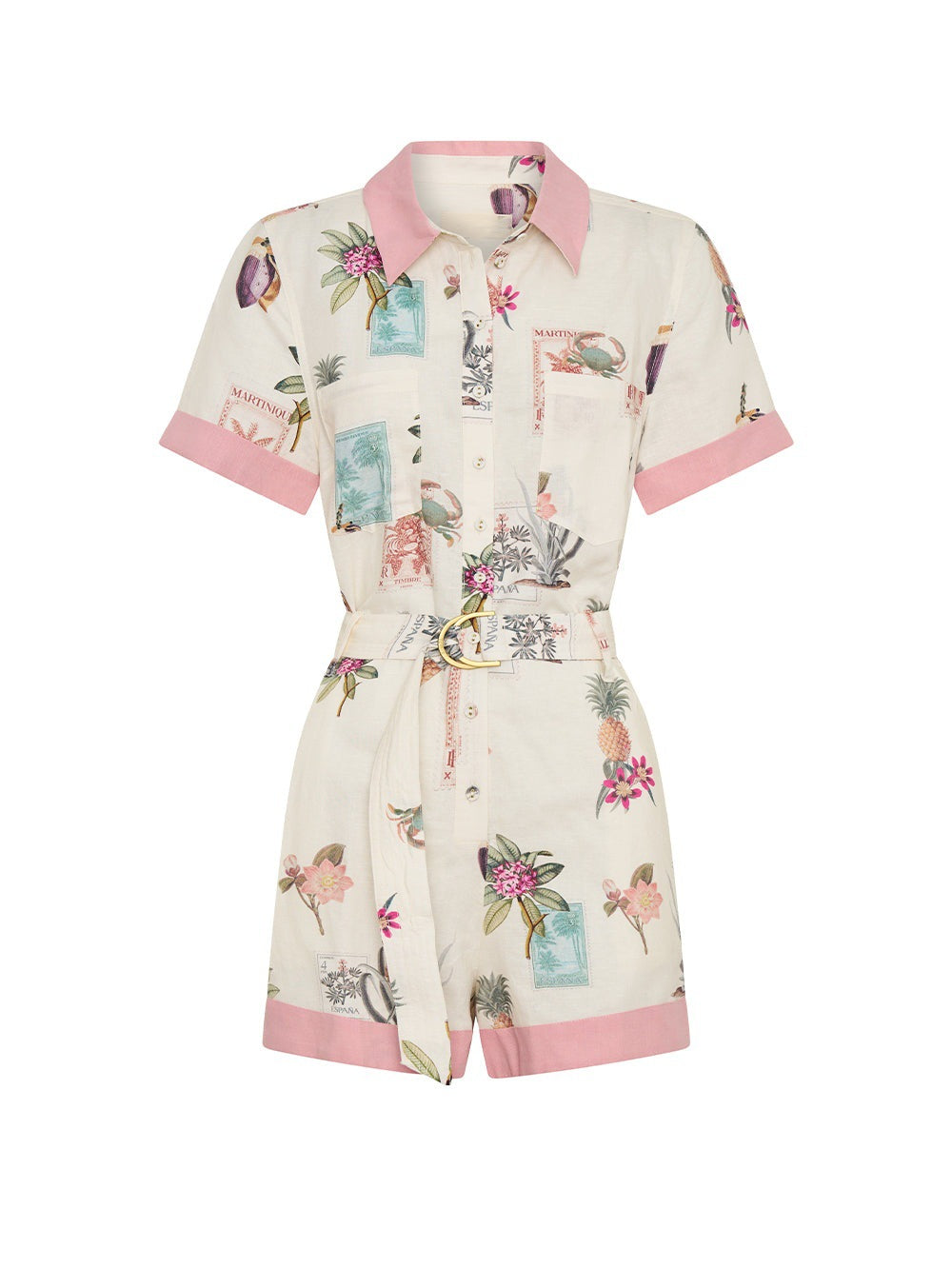 Botanical Print Contrast Trim Linen Romper - Decor - 1