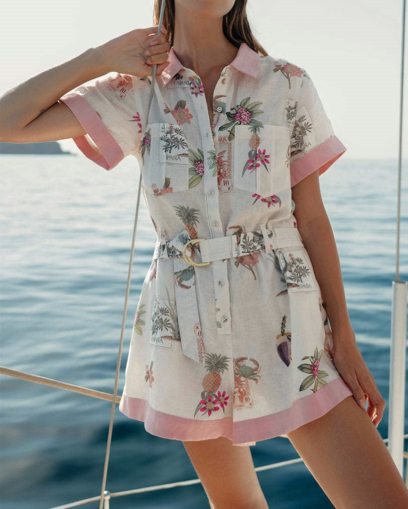Botanical Print Contrast Trim Linen Romper - Decor - 2