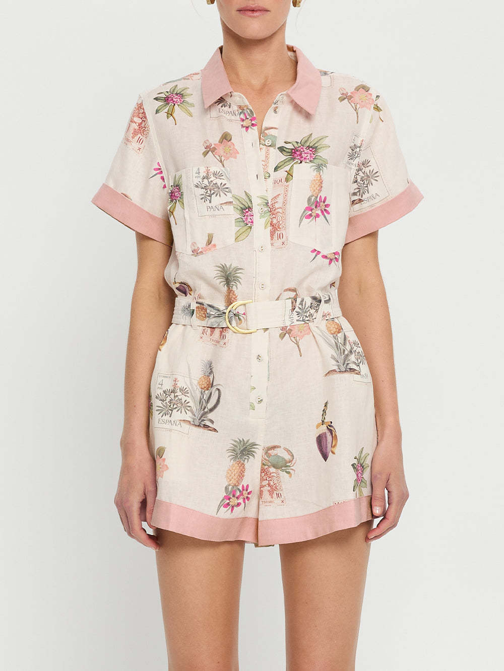 Botanical Print Contrast Trim Linen Romper - Decor - 3