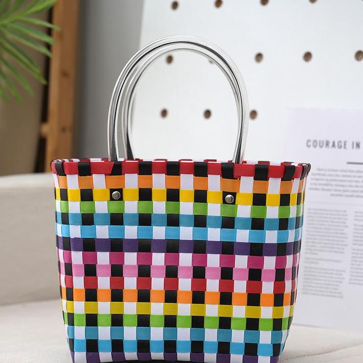 Woven Checked Picnic Basket Tote Bag - Colorful